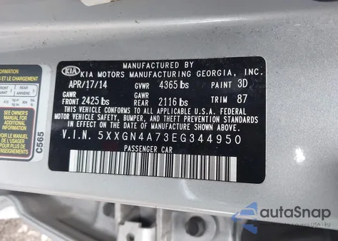 2014 Kia Optima Ex z USA, uszkodzony, nr VIN 5XXGN4A73EG344950